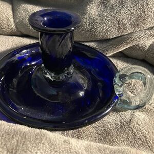 Vintage ART STUDIO GLASS Cobalt Blue Candlestick Candle Holder w Finger Loop